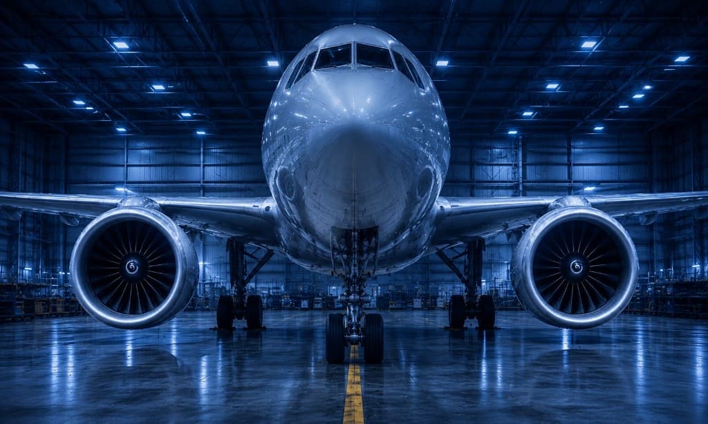 Commercial jet aircraft inside an aviation hangar